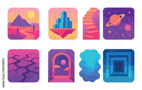 Fantasy landscape silhouette icon set. featuring mountain, cityscape, staircase, planet, cracked earth, archway, nebula.