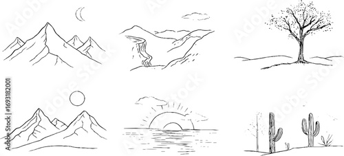 Minimalist line art of mountain cactus and sun, boho logo tattoo aesthetic linear design.
