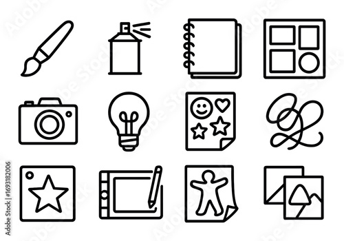 Art tools linear icon set. featuring paintbrush, spray, notebook, palette, camera, lightbulb, sticker, and typography.