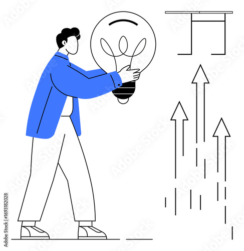 Person holding a glowing lightbulb, paired with arrows pointing upwards and a desk, signifying growth, creativity, development, strategy, problem-solving, business success ideas. A simple flat