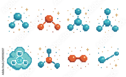 Chemistry pixel art icon set. featuring molecules, atoms, compounds, crystallization, and reactions.