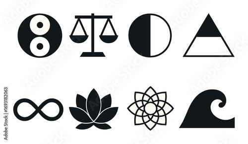 Balance and nature silhouette icon set. featuring yin yang, scales, moon, triangle, infinity, lotus, floral, wave symbols.
