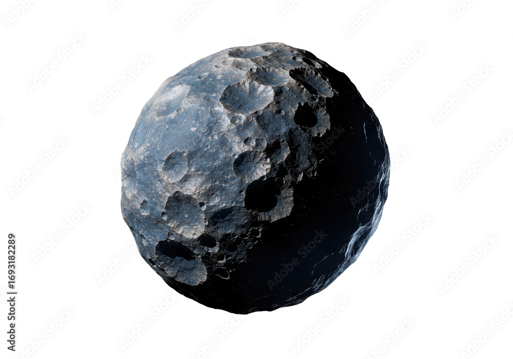 Fototapeta premium Isolated celestial asteroid with craters and rugged surface in outer space simulation render
