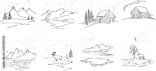 Minimalist line art of snowy mountain scenes for aesthetic decor and design