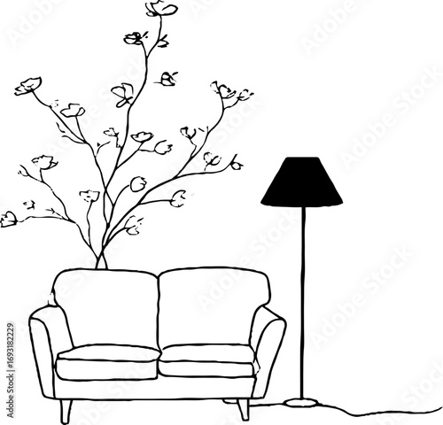 Minimalist line art set featuring sofa, armchair, and floor lamp for interior design