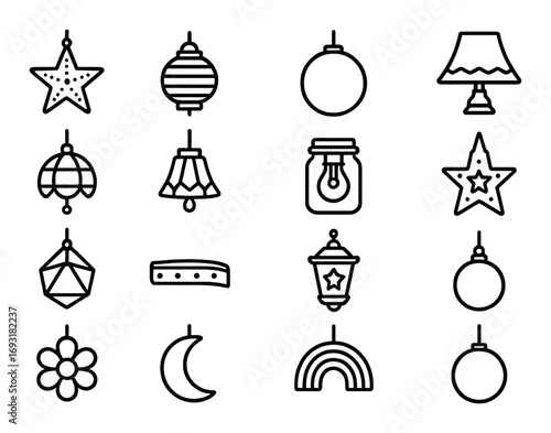Decorative lighting linear icon set. featuring star, lantern, lamp, chandelier, jar, and rainbow symbols.
