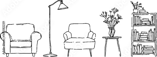 Minimalist line art set featuring sofa, armchair, floor lamp, bookshelf, and vase for interior design