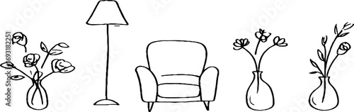 Minimalist line art collection featuring sofa, armchair, lamp, and floral elements for home decor