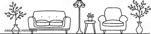 Minimalist line art of sofa, armchair, lamp, plants for home decor inspiration
