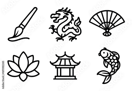 Asian culture linear icon set. featuring brush, dragon, fan, lotus, temple, fish symbols.