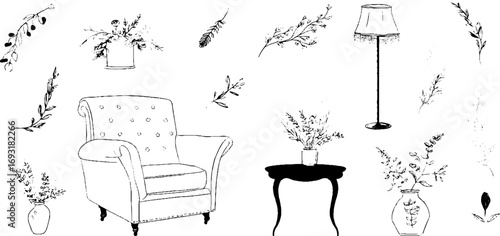 Minimalist line art collection featuring armchairs, lamps, and botanical elements for home decor