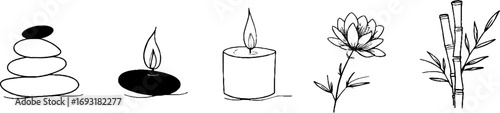 Minimalist boho line art of spa stones, candle, flower, and bamboo for wellness decor