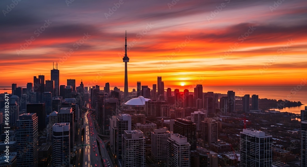 Fototapeta premium Toronto's skyline glows under a vibrant sunset, city lights shimmer with urban beauty at dawn