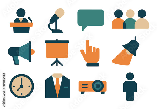 Communication and business flat icon set. featuring podium, microphone, speech bubble, group, and projector symbols.