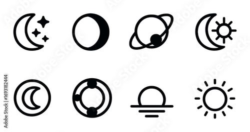 Astronomy silhouette icon set. featuring moon, stars, planet, orbit, eclipse, and sun symbols.