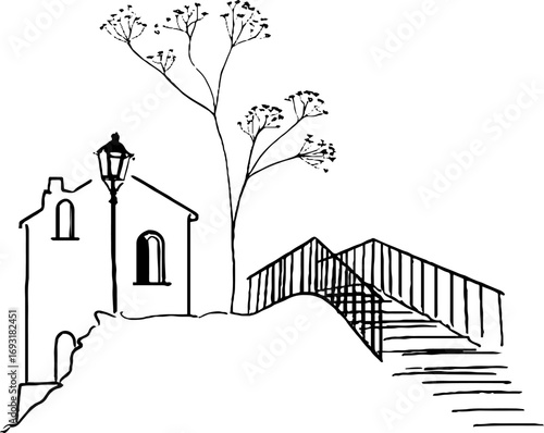 Minimalist line art of street lamp and house with staircase scene for design