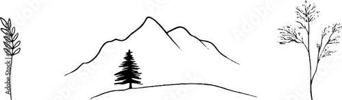 Minimalist line art collection of stone, mountain, and tree elements