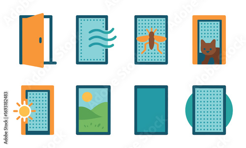 Air filter linear icon set. featuring door, clean, bug, pet, sun, landscape, blank, filter symbols.