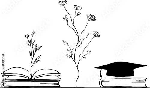Minimalist line art of student books, diploma, and graduation theme for educational design
