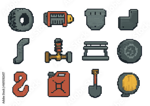 Construction equipment flat icon set. featuring tire, drill, bucket, pipe, pump, bench, and spotlight symbols.