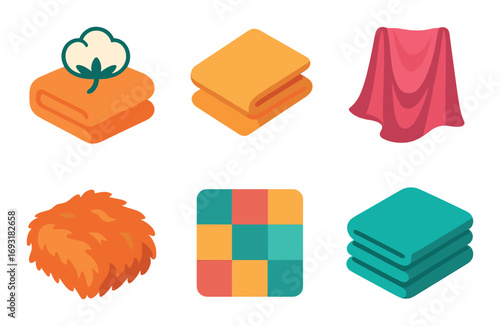 Fabric silhouette icon set. featuring cotton, folded, draped, fleece, patchwork, and stacked blankets.