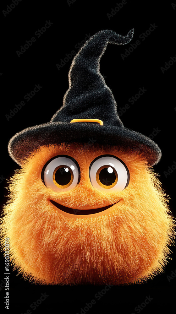 Fototapeta premium Fluffy pumpkin character with big cute eyes and a happy smile, wearing a witch hat, on a solid black background