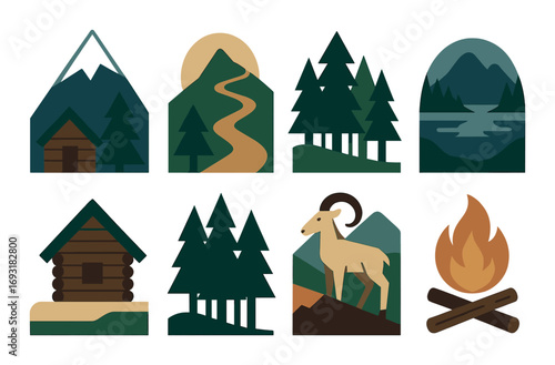 Outdoor adventure flat icon set. featuring mountain, cabin, trail, forest, lake, campfire, and wildlife symbols.