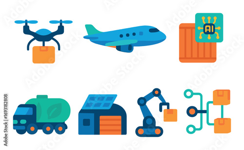 Logistics and technology flat icon set. featuring drone, airplane, container, ai chip, truck, solar panel, robot, network.