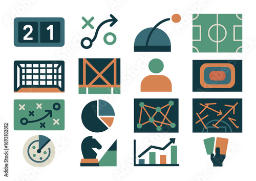 Sports strategy flat icons set. featuring fields, strategies, statistics, planning, and teamwork symbols.