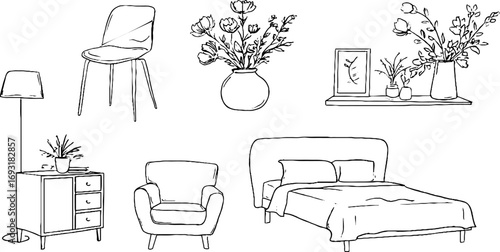 Minimalist line art collection of furniture and decor elements for home design