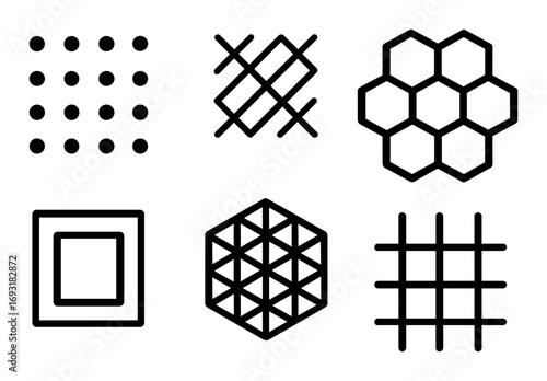 Geometric patterns silhouette icon set. featuring dots, crosshatch, hexagons, squares, lines, grids.