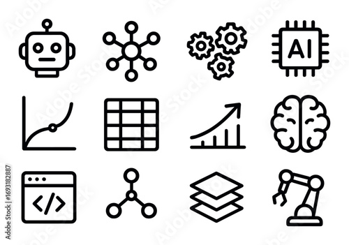 Technology linear icons set. featuring ai, neural network, coding, automation, robotics, and data visualization symbols.