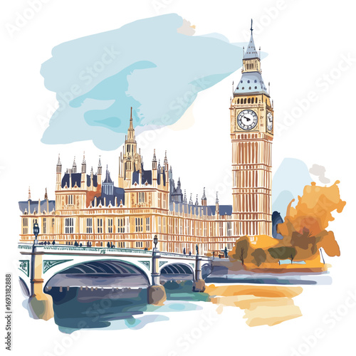 Big Ben and Houses of Parliament. Big Ben and Houses of Parliament watercolor vector illustration