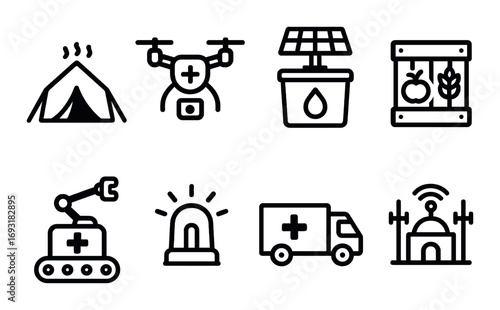 Emergency services silhouette icon set. featuring tent, drone, solar water, garden, rescue robot, siren, ambulance, network.