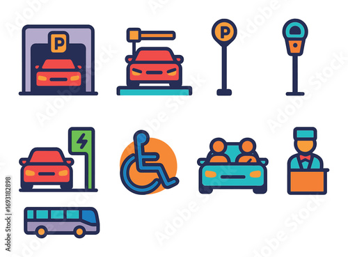 Transportation and parking flat icon set. featuring garage, tollbooth, parking meter, bus, carpool, and valet symbols.