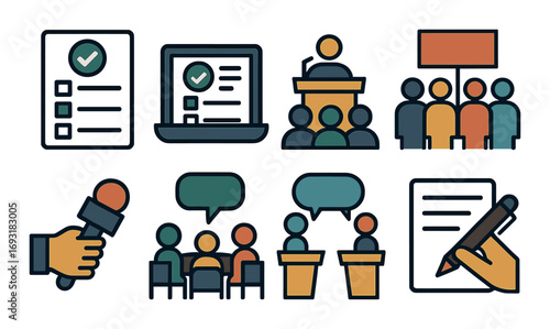 Business meeting flat icon set. featuring checklist, presentation, speaker, group, microphone, dialogue, negotiation, pen.