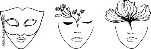 Minimalist line art collection of theatrical masks with floral accents for creative design