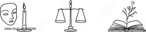 Minimalist line art set featuring theatrical mask, scales of balance, and book with flower for aesthetic design