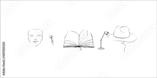 Minimalist line art set featuring theatrical masks and stage objects for bohemian aesthetic designs