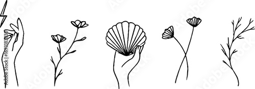 Minimalist line art collection featuring thor with lightning and floral elements