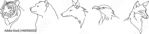 Minimalist line art collection featuring tiger, bear, wolf, deer, and eagle for boho design and tattoo inspiration