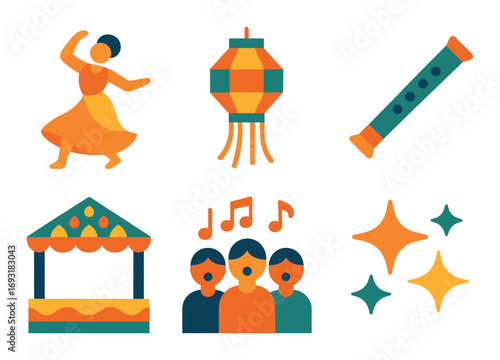 Festival celebration flat icon set. featuring dancer, lantern, flute, stage, singers, and stars symbols.