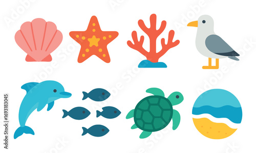 Ocean life flat icon set. featuring shell, starfish, coral, bird, dolphin, fish, turtle, beach symbols.