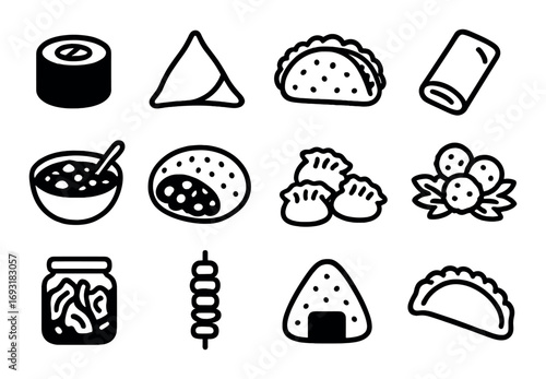 Asian food silhouette icon set. featuring sushi, samosa, taco, bun, and dumpling symbols.