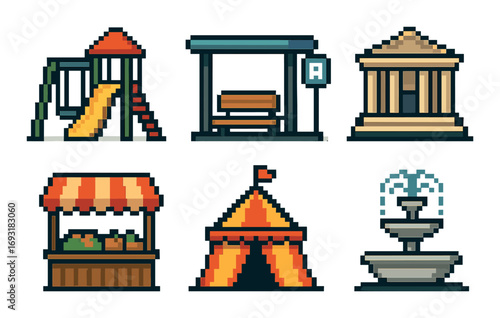 Park elements flat icon set. featuring playground, bus stop, museum, market stall, circus tent, fountain.