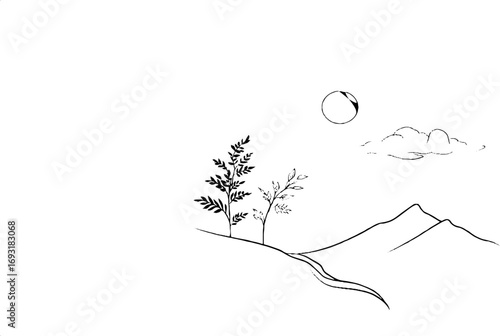 Minimalist boho line art of trees, mountains, and river with sun and clouds for aesthetic design