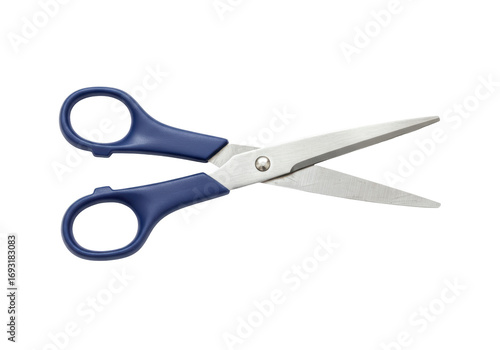 Isolated blue handled scissors tool, sharp blades for cutting paper and crafting supplies