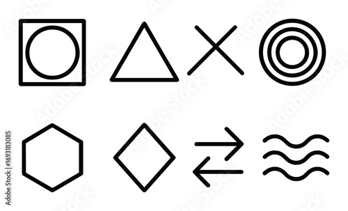 Geometric shapes silhouette icon set. featuring circle, triangle, cross, concentric, hexagon, diamond, arrows, waves.