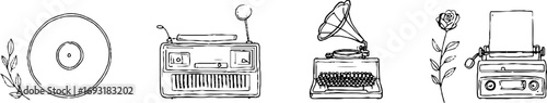 Retro music and writing minimalist line art collection – vinyl, cassette, typewriter designs