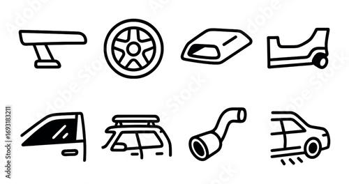 Car parts silhouette icon set. featuring spoiler, wheel, hood, bumper, door, roof rack, exhaust, suv.